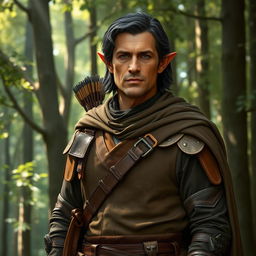 A middle-aged male half-elf ranger standing confidently in a lush forest