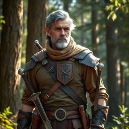 A middle-aged male half-elf ranger with a striking appearance, featuring dark hair mixed with gray, showcasing his age and experience