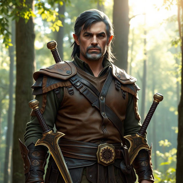 A middle-aged male half-elf ranger with a striking appearance, featuring dark hair mixed with gray, showcasing his age and experience