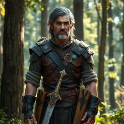 A middle-aged male half-elf ranger with a striking appearance, featuring dark hair mixed with gray, showcasing his age and experience