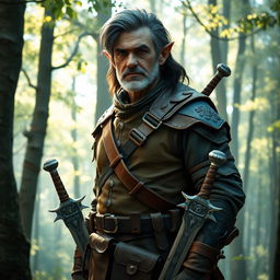 A middle-aged male half-elf ranger with a striking appearance, featuring dark hair mixed with gray, showcasing his age and experience