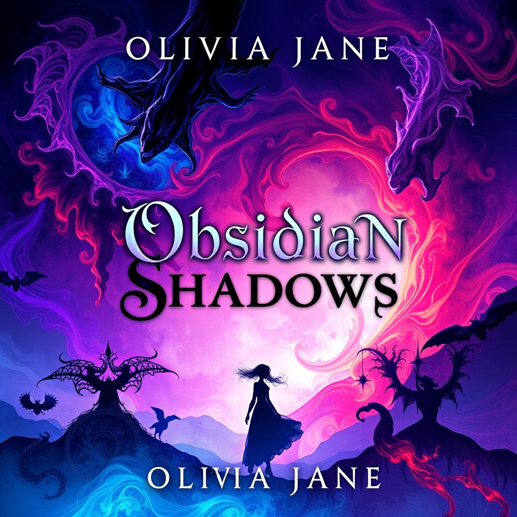 A visually stunning cover design for a fantasy novel titled 'Obsidian Shadows' by Olivia Jane, featuring a mesmerizing mix of abstract and colorful imagery