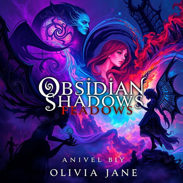 A visually stunning cover design for a fantasy novel titled 'Obsidian Shadows' by Olivia Jane, featuring a mesmerizing mix of abstract and colorful imagery