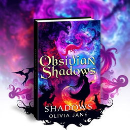 A visually stunning cover design for a fantasy novel titled 'Obsidian Shadows' by Olivia Jane, featuring a mesmerizing mix of abstract and colorful imagery