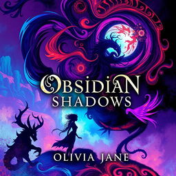 A visually stunning cover design for a fantasy novel titled 'Obsidian Shadows' by Olivia Jane, featuring a mesmerizing mix of abstract and colorful imagery