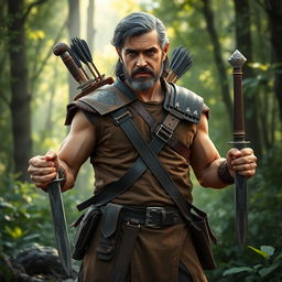 A middle-aged male half-elf ranger prominently featured in a vibrant forest setting, exhibiting a strong and rugged appearance