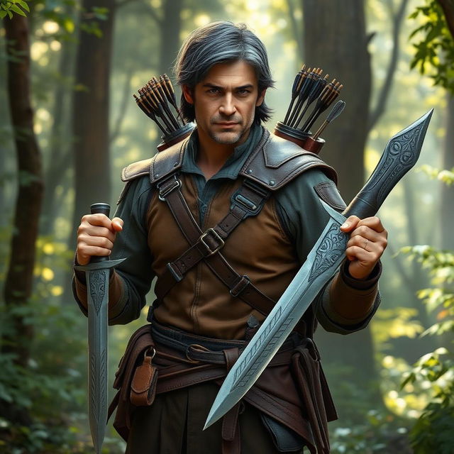 A middle-aged male half-elf ranger prominently featured in a vibrant forest setting, exhibiting a strong and rugged appearance