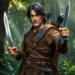 A middle-aged male half-elf ranger prominently featured in a vibrant forest setting, exhibiting a strong and rugged appearance