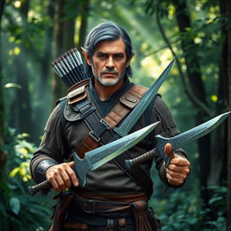 A middle-aged male half-elf ranger prominently featured in a vibrant forest setting, exhibiting a strong and rugged appearance