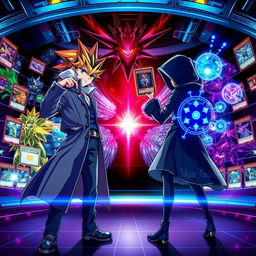 A stunning digital illustration featuring a dynamic duel scene from the Yu-Gi-Oh! universe