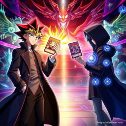 A stunning digital illustration featuring a dynamic duel scene from the Yu-Gi-Oh! universe