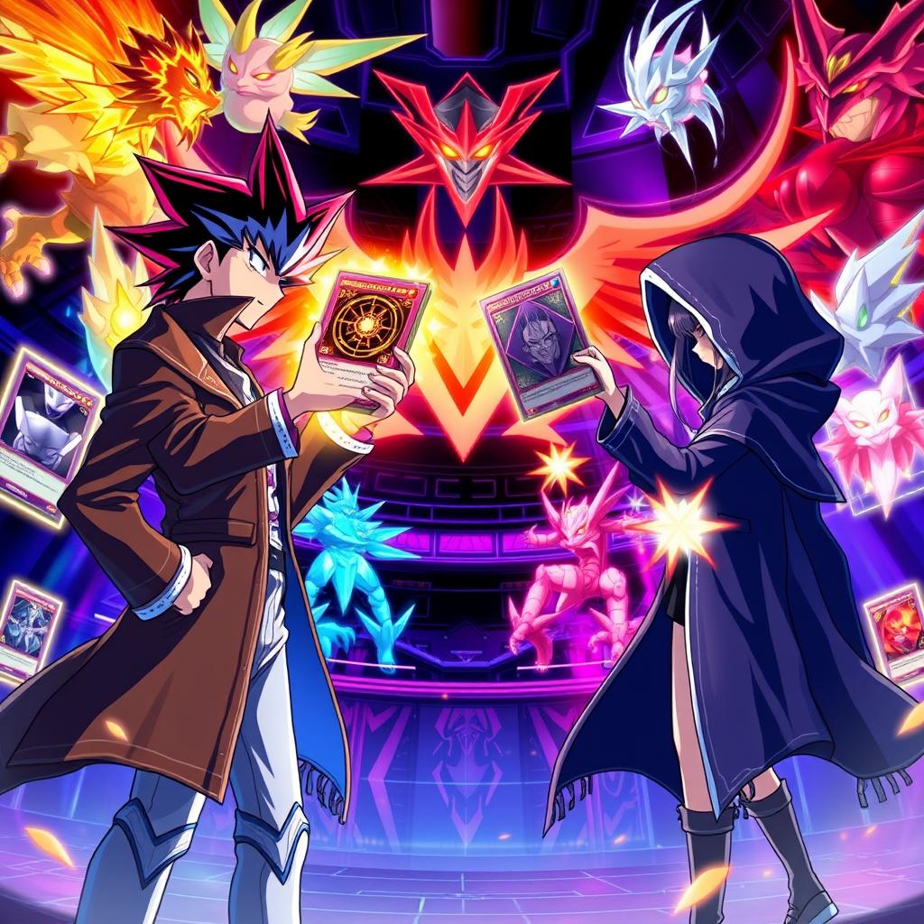 A stunning digital illustration featuring a dynamic duel scene from the Yu-Gi-Oh! universe