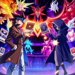 A stunning digital illustration featuring a dynamic duel scene from the Yu-Gi-Oh! universe