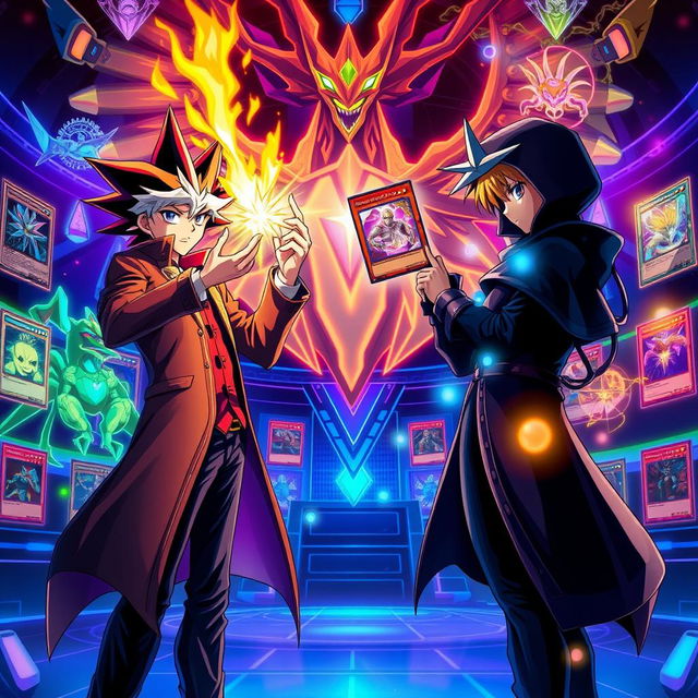 A stunning digital illustration featuring a dynamic duel scene from the Yu-Gi-Oh! universe