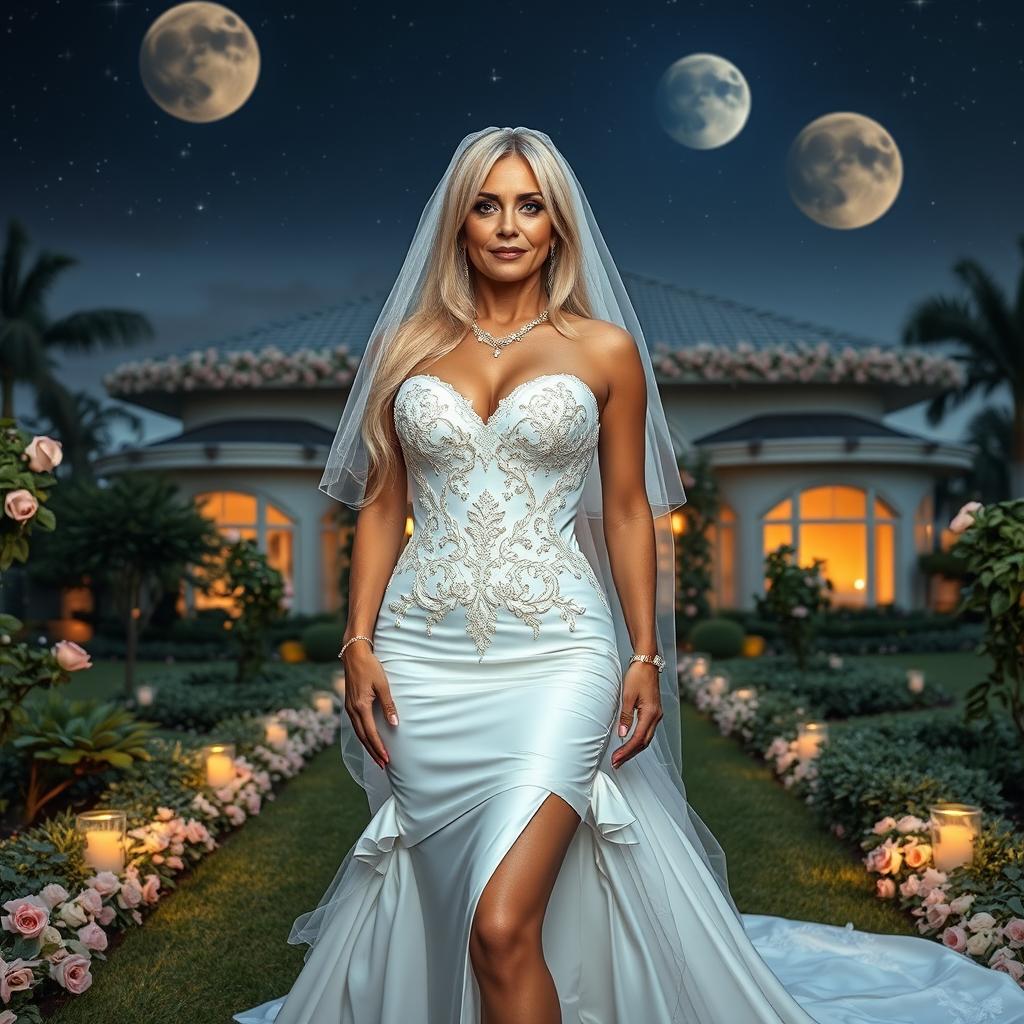 A full-body image of a beautiful 50-year-old mature woman with Venezuelan features, wearing a sexy short wedding dress with white and gold details and a veil