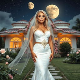 A full-body image of a beautiful 50-year-old mature woman with Venezuelan features, wearing a sexy short wedding dress with white and gold details and a veil