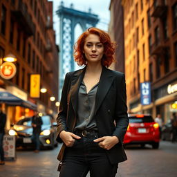 A captivating image of a 34-year-old woman, embodying a distinctive look with shoulder-length curly red hair and a fashionable outfit including a tailored blazer and stylish jeans