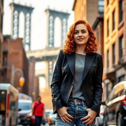 A captivating image of a 34-year-old woman, embodying a distinctive look with shoulder-length curly red hair and a fashionable outfit including a tailored blazer and stylish jeans