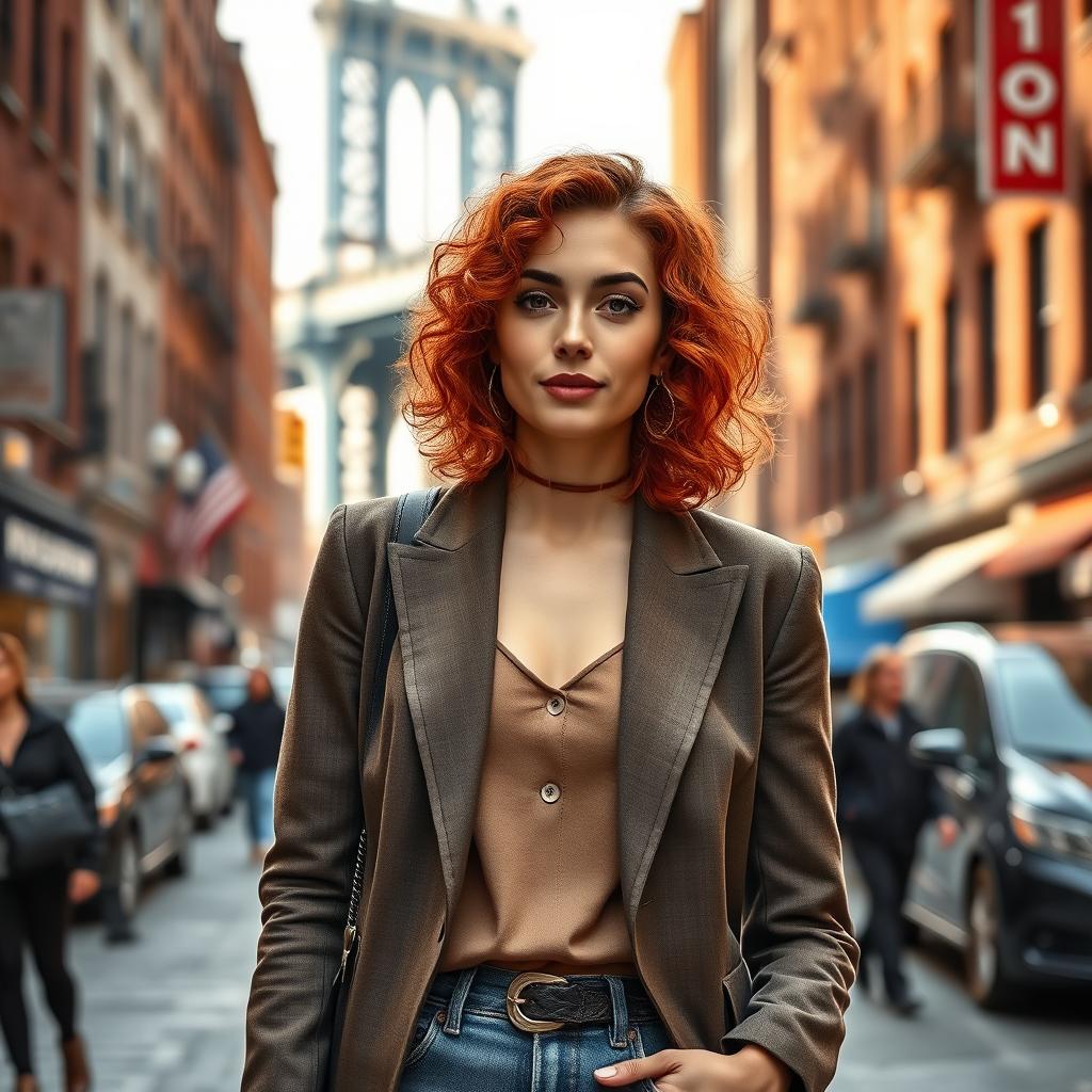 A captivating image of a 34-year-old woman, embodying a distinctive look with shoulder-length curly red hair and a fashionable outfit including a tailored blazer and stylish jeans