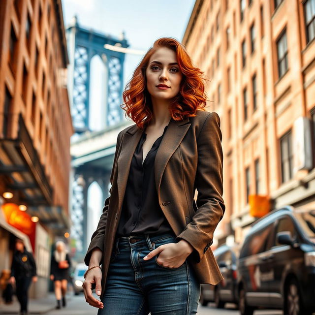 A captivating image of a 34-year-old woman, embodying a distinctive look with shoulder-length curly red hair and a fashionable outfit including a tailored blazer and stylish jeans