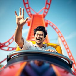A white male with black hair riding a rollercoaster solo