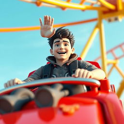 A white male with black hair riding a rollercoaster solo