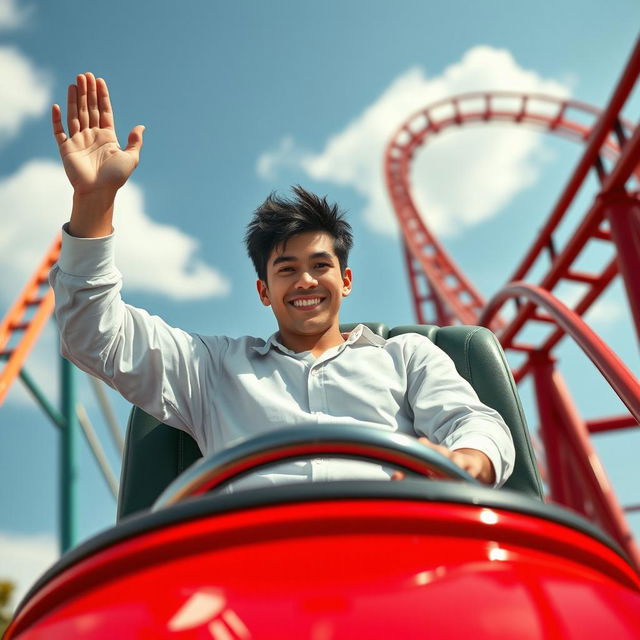 A white male with black hair riding a rollercoaster solo