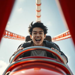 A white male with black hair riding a rollercoaster solo, captured from a front view perspective