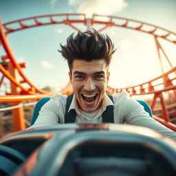 A white male with black hair riding a rollercoaster solo, captured from a front view perspective