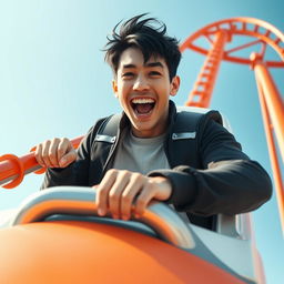 A white male with black hair riding a rollercoaster solo, captured from a front view perspective
