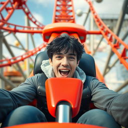 A white male with black hair riding a rollercoaster solo, captured from a front view perspective