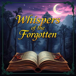 An intriguing book cover design featuring a mysterious, ancient forest with towering trees enveloped in mist