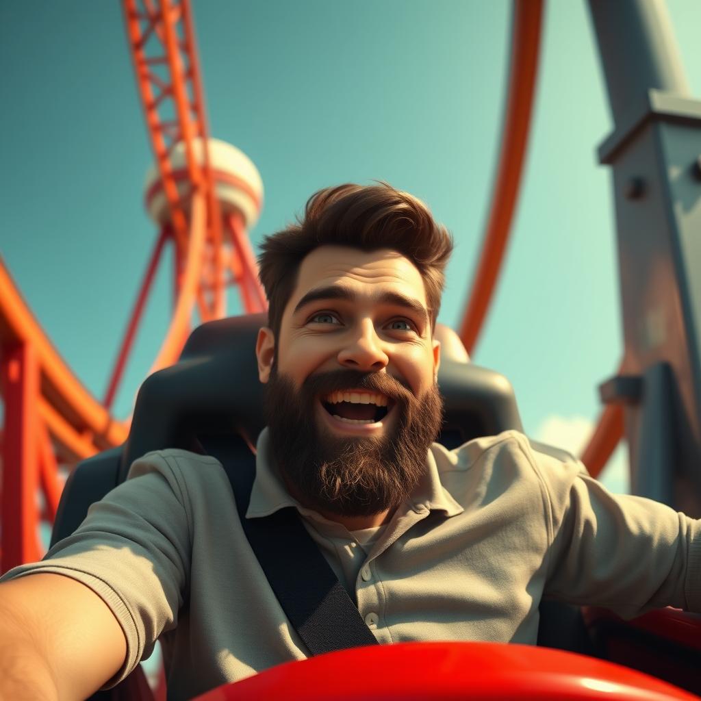 A white male with dark brown hair and a beard riding a rollercoaster solo