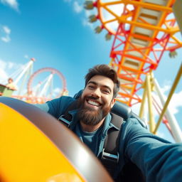 A white male with dark brown hair and a beard riding a rollercoaster solo