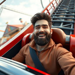 A white male with dark brown hair and a beard riding a rollercoaster solo