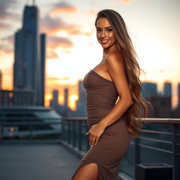 A stunningly attractive woman with long flowing hair and an alluring smile stands confidently in a chic urban setting at sunset