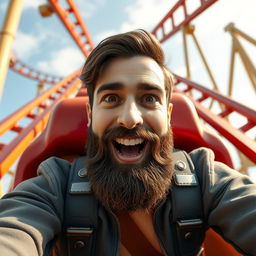 A white male with dark brown hair and a well-shaped beard riding a rollercoaster solo
