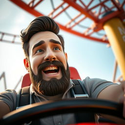 A white male with dark brown hair and a well-shaped beard riding a rollercoaster solo