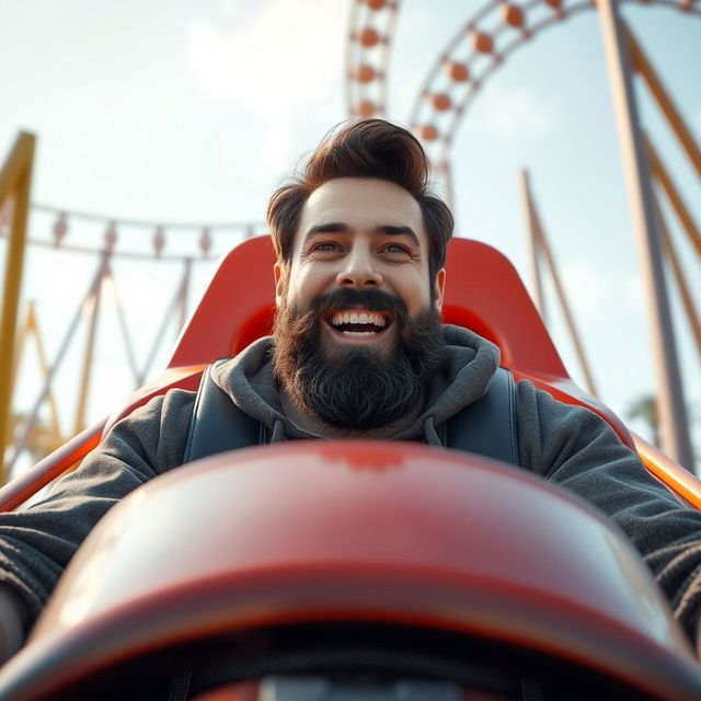 A white male with dark brown hair and a well-shaped beard riding a rollercoaster solo