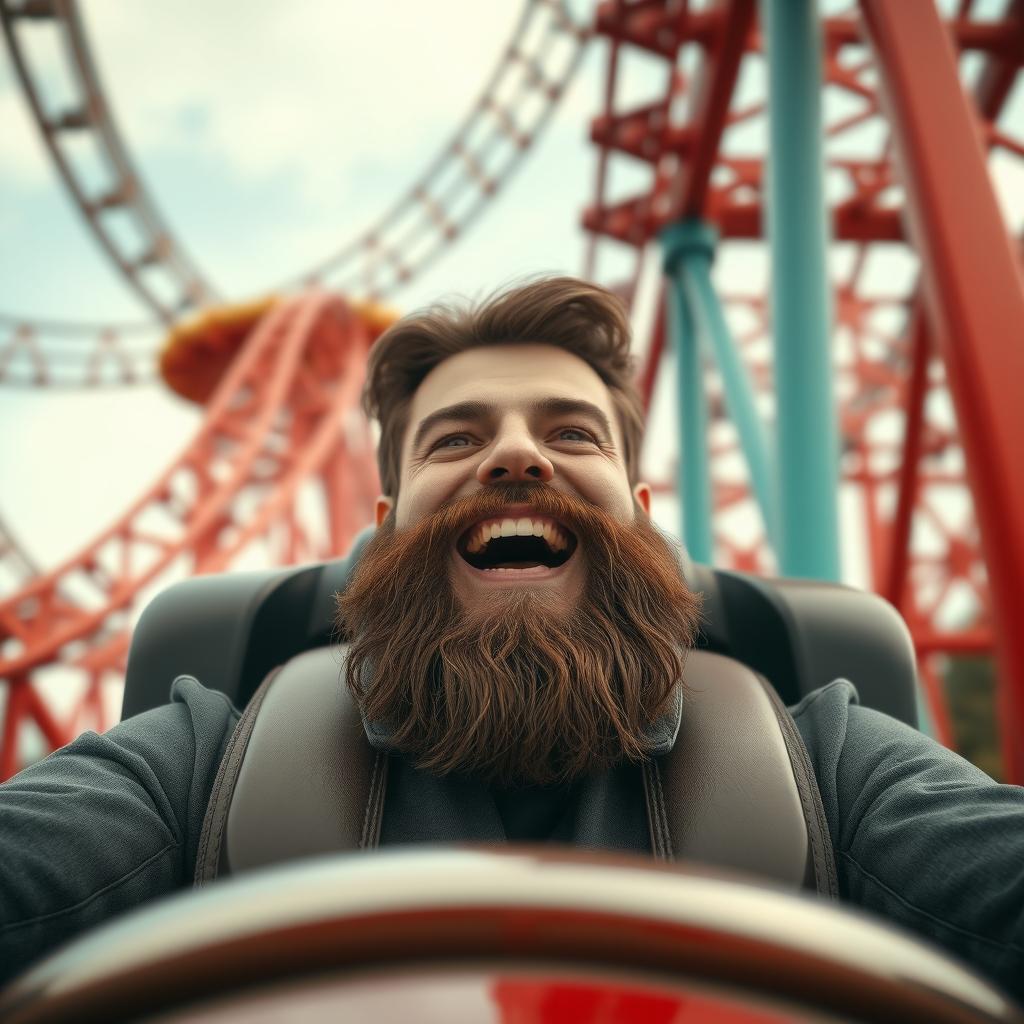 A white male with dark brown hair and a well-shaped beard riding a rollercoaster solo