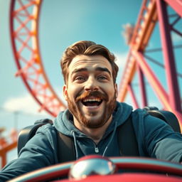 A 30-year-old white male with dark brown hair and a short-medium beard (sides trimmed to a number one and bottom to a number seven) riding a rollercoaster solo