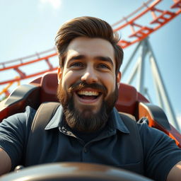 A 30-year-old white male with dark brown hair and a short-medium beard (sides trimmed to a number one and bottom to a number seven) riding a rollercoaster solo