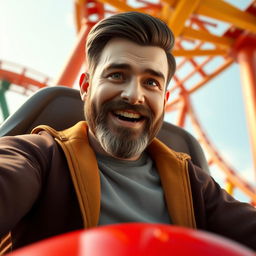 A 30-year-old white male with dark brown hair and a short-medium beard (sides trimmed to a number one and bottom to a number seven) riding a rollercoaster solo