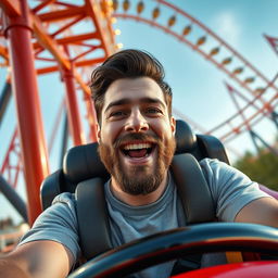 A 30-year-old white male with dark brown hair and a short-medium beard (sides trimmed to a number one and bottom to a number seven) riding a rollercoaster solo