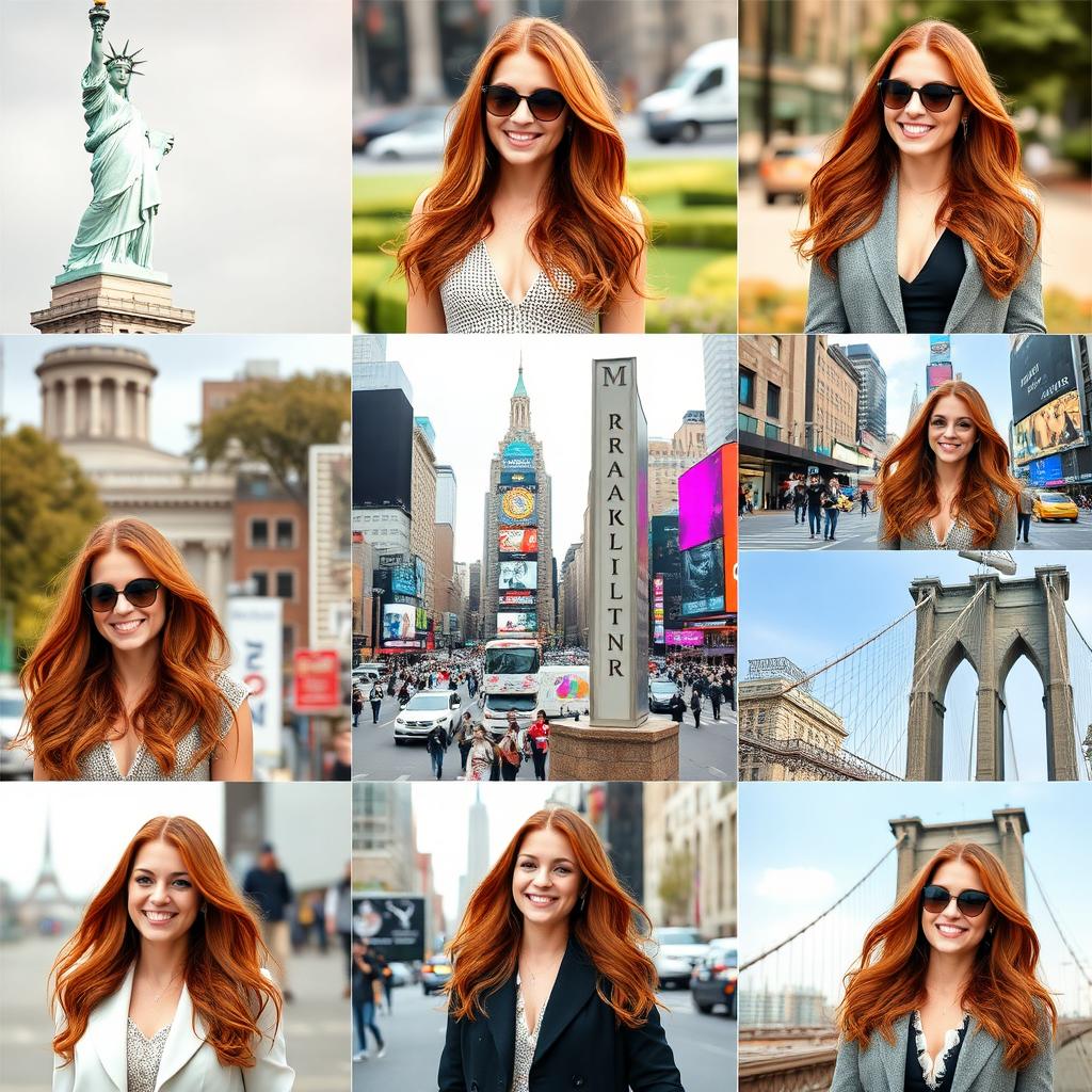 A collection of 10 stunning images featuring a 34-year-old woman with a consistent appearance, showcasing her in various iconic New York City settings