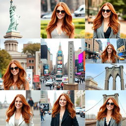 A collection of 10 stunning images featuring a 34-year-old woman with a consistent appearance, showcasing her in various iconic New York City settings