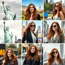 A collection of 10 stunning images featuring a 34-year-old woman with a consistent appearance, showcasing her in various iconic New York City settings