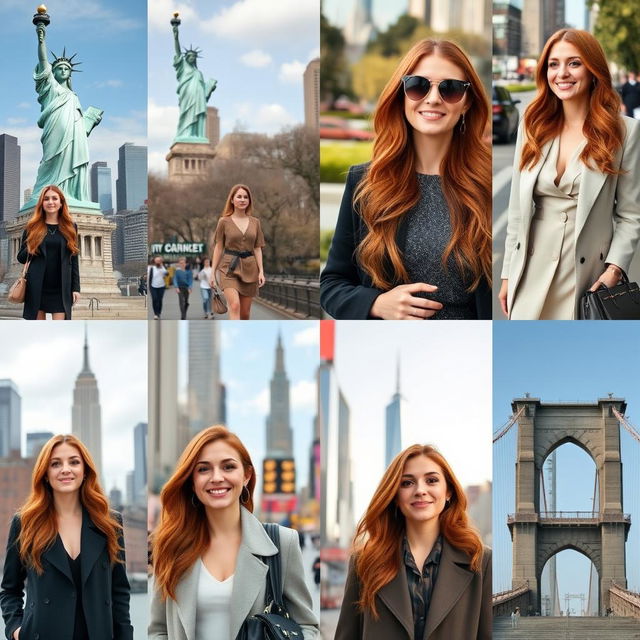 A collection of 10 stunning images featuring a 34-year-old woman with a consistent appearance, showcasing her in various iconic New York City settings