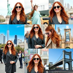A collection of 10 stunning images featuring a 34-year-old woman with a consistent appearance, showcasing her in various iconic New York City settings
