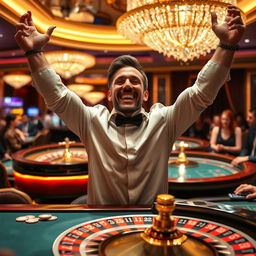 A triumphant man celebrating at a luxurious casino after winning big at the roulette table by betting on zero